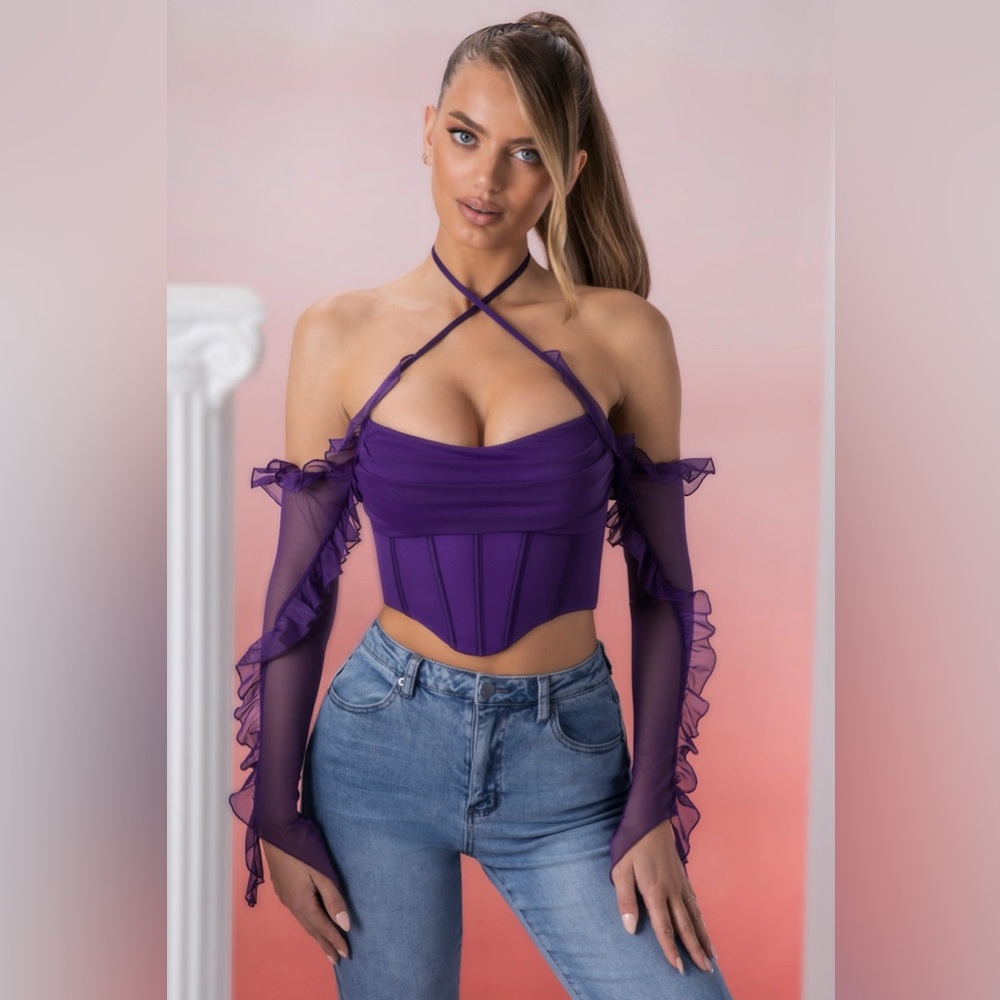 Oh Polly: Filia - Frill Detail Cowl Neck Crop Top in Violet